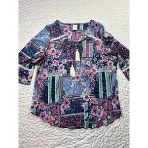 Vintage Blair Floral Patchwork Vneck Drawstring Embroidered blouse size large